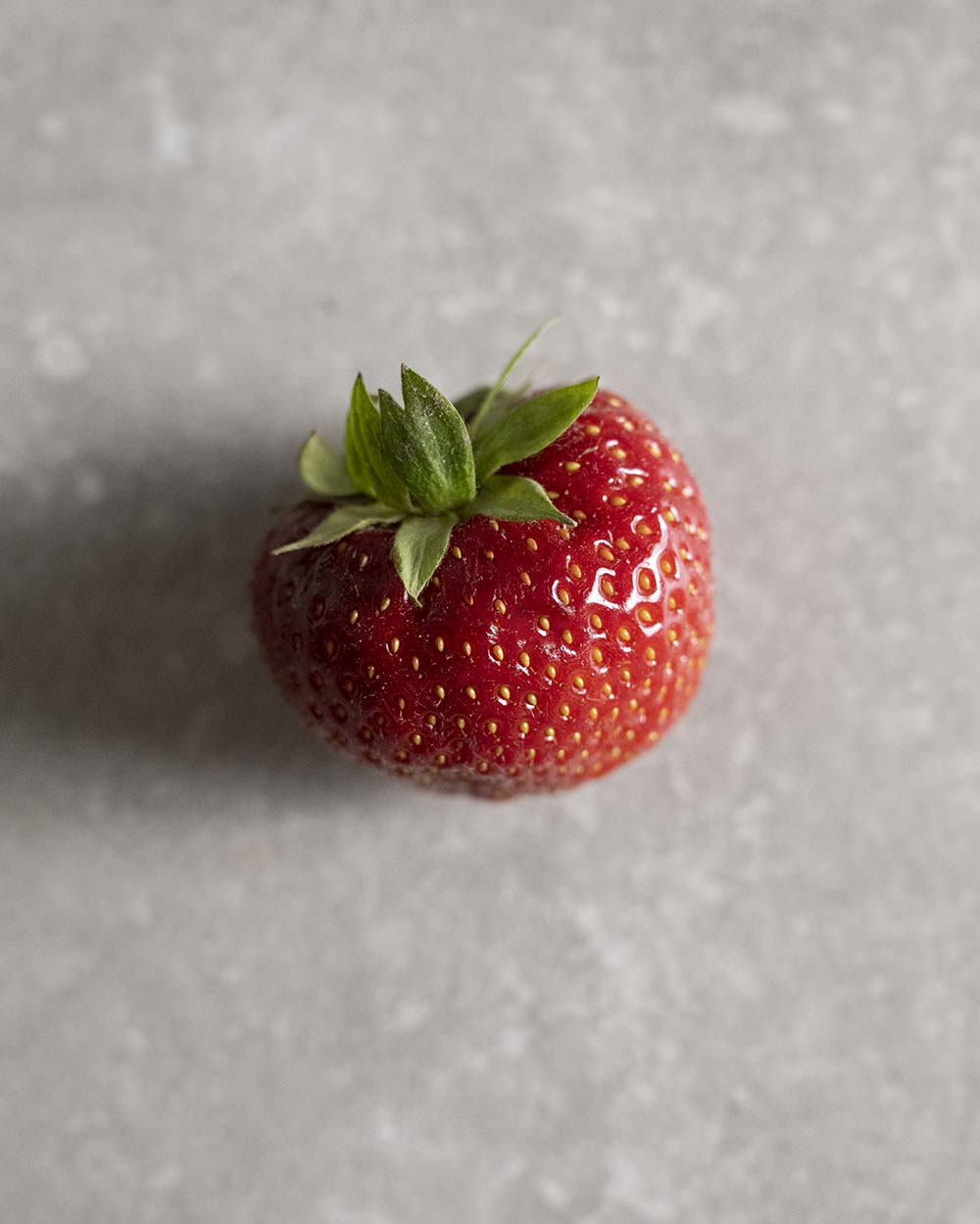 Eine frische Erdbeere als Symbol für die frischen Früchte, mit denen wir unsere Erdbeer-Tartelettes belegen.