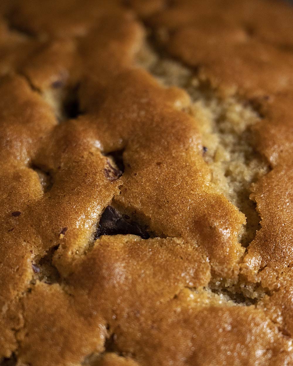 Nahaufnahme des fertig gebackenen Rührteigs für unseren Birnnkuchen mit Zimt und Schokolade. Ausgekühlt belegen wir ihn mit pochierten Birnen und verzieren ihn mit geschmolzener Kuvertüre.