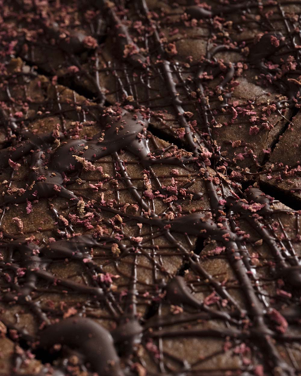 Nahaufnahme der Oberfläche: Zu sehen ist die Schokoladenverzierung, die wir auf die Brownies gesprenkelt haben.